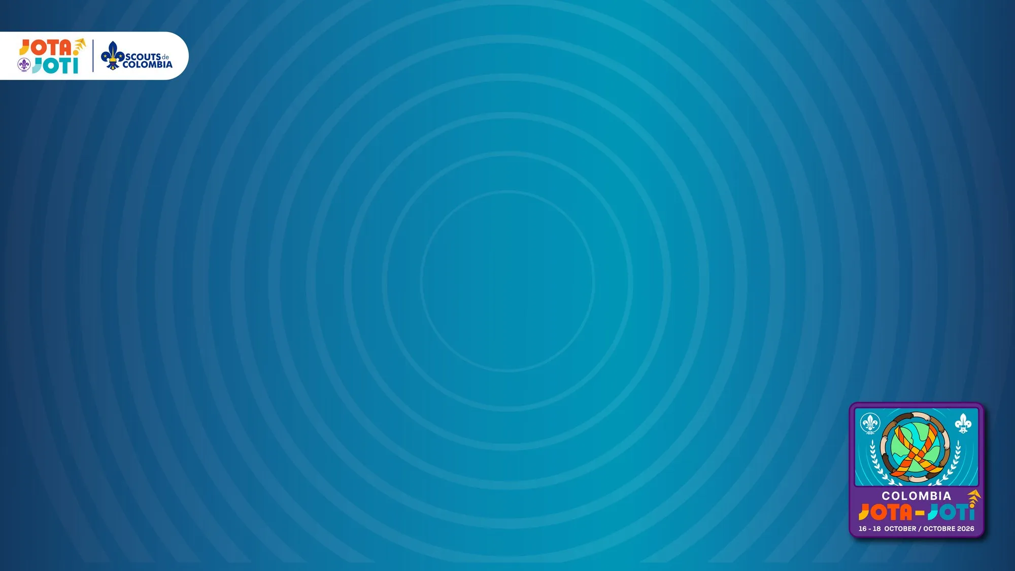 Fondo azul con ondas de radio, el logo JOTA-JOTI y Scouts de Colombia arriba a la izquierda y la insignia 2026 abajo a la derecha.